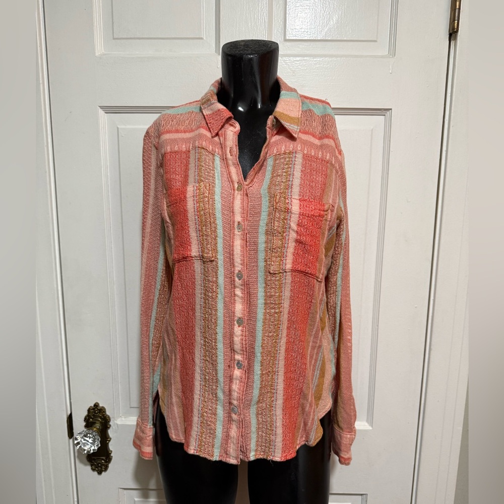 Maeve Anthropologie Peach Long Sleeve Stripe Button Shirt Size 2